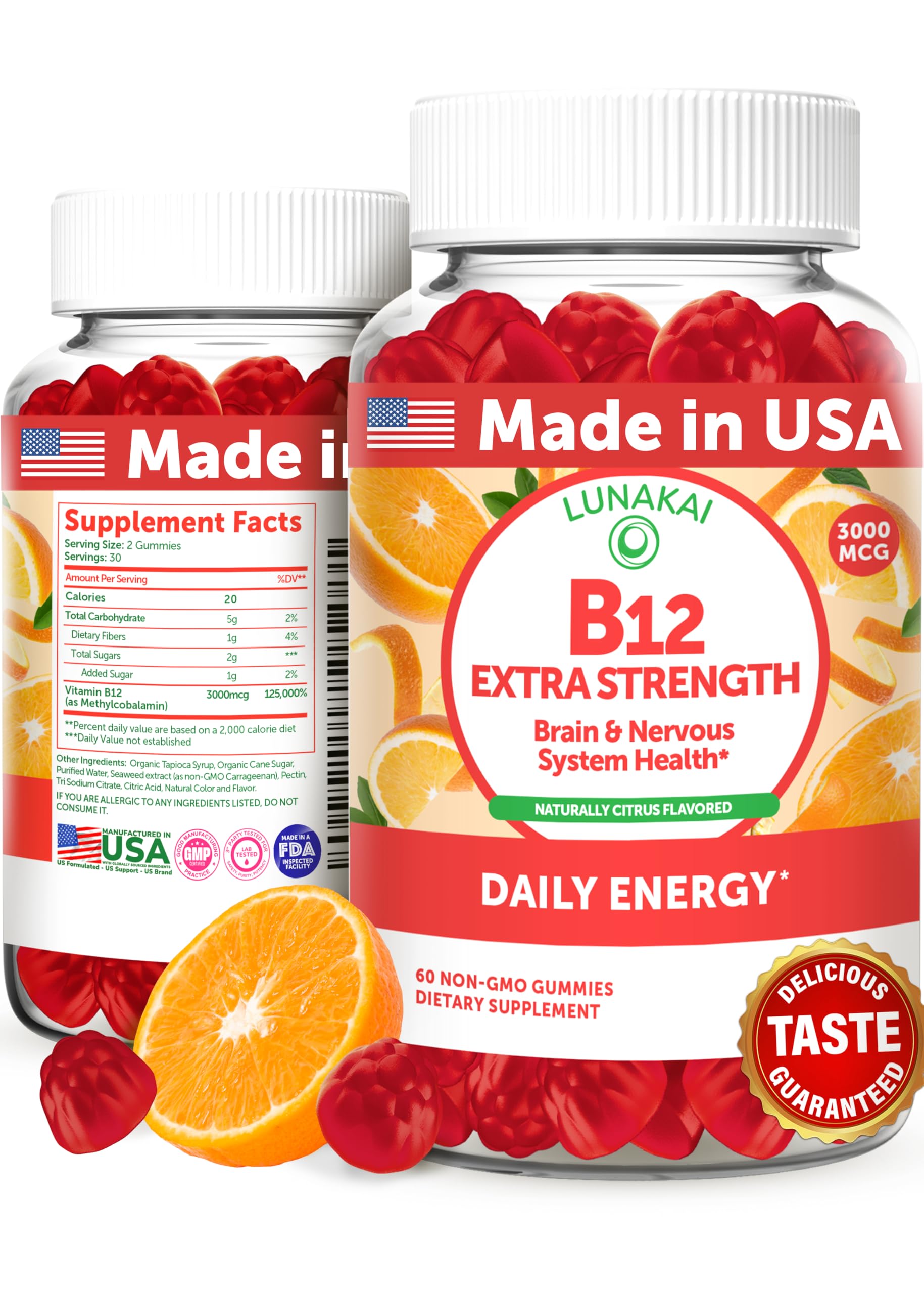 Lunakai Extra Strength 3000mcg Vitamin B12 Gummies - USA Made, Delicious Daily Energy & Metabolism S