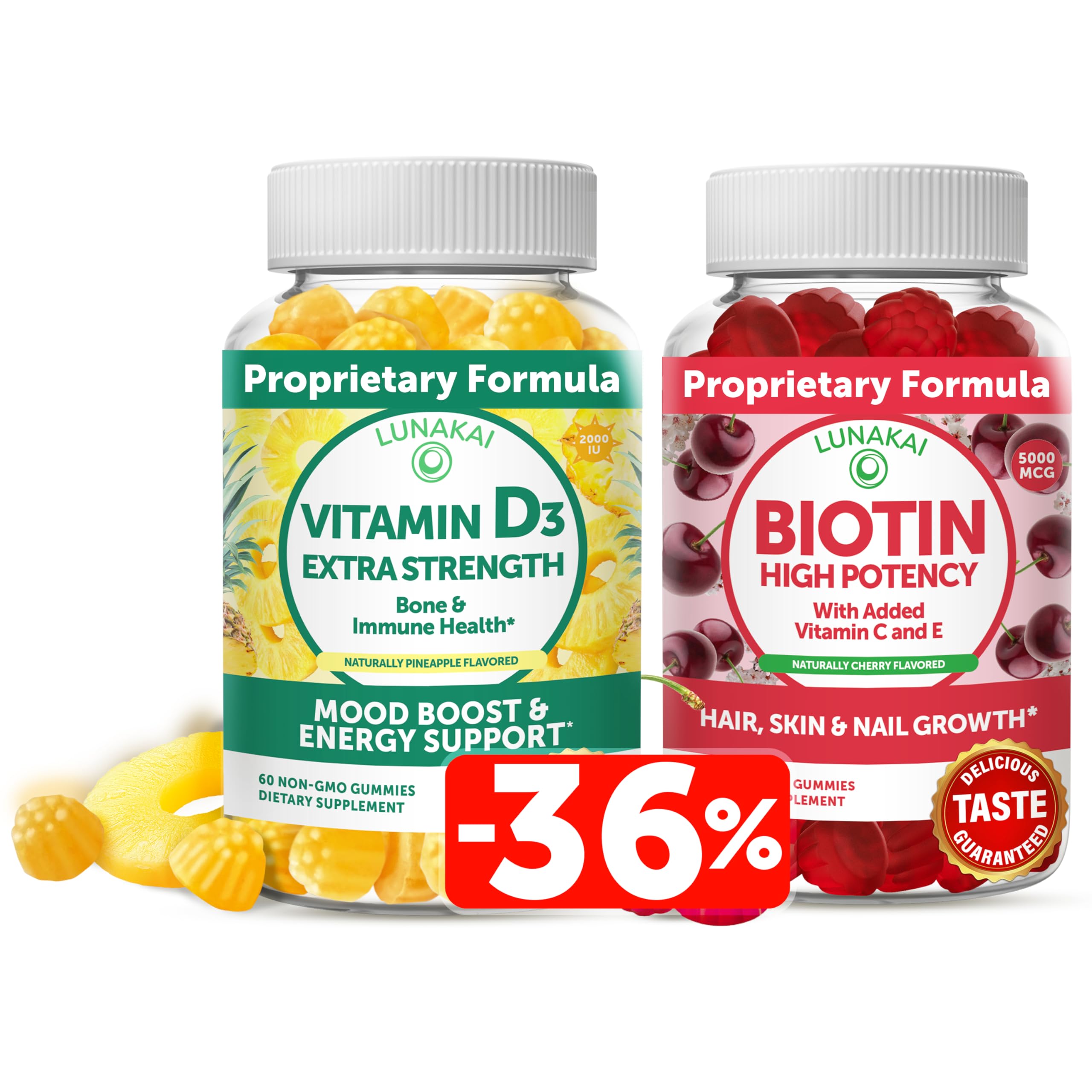 Lunakai Biotin and Vitamin D3 Gummies Bundle - Hair Skin and Nails Growth Gummies with Vitamin C and