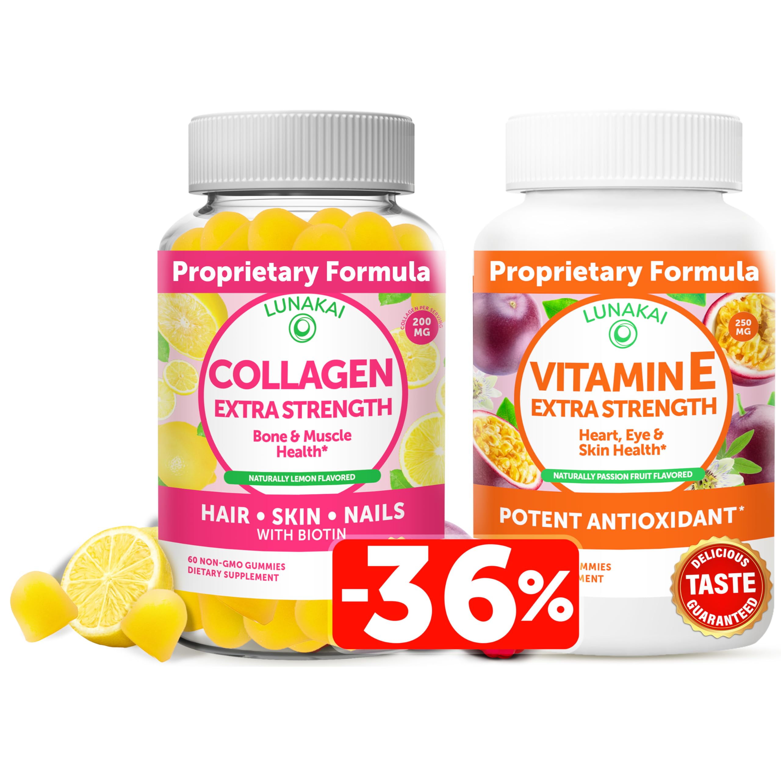 Lunakai Collagen and Vitamin E Gummies Bundle - Non-GMO Anti Aging Supplements for Men & Women - Nat