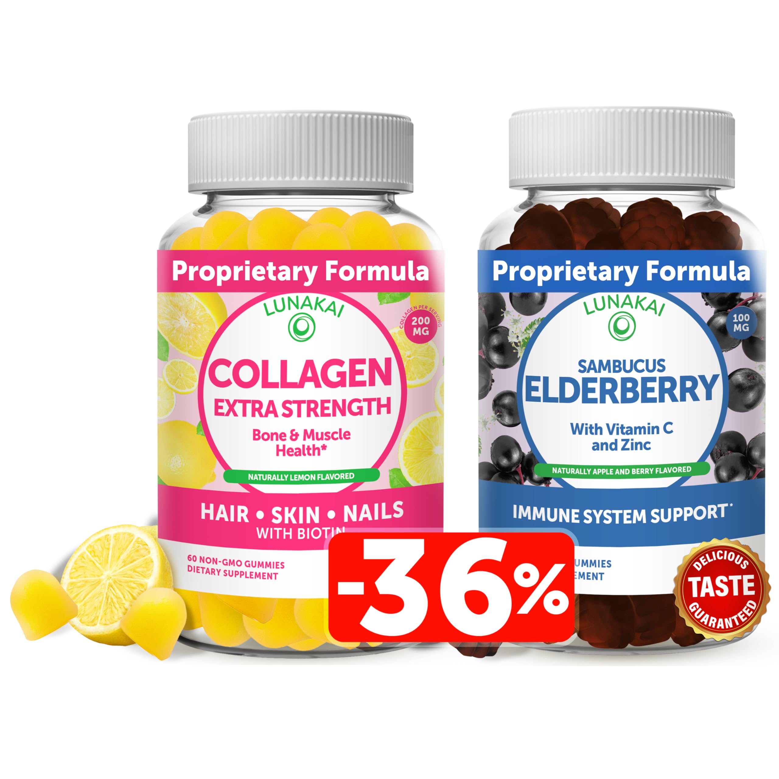 Lunakai Collagen and Elderberry Gummies Bundle - Anti Aging Supplements for Men & Women - Immune Sup