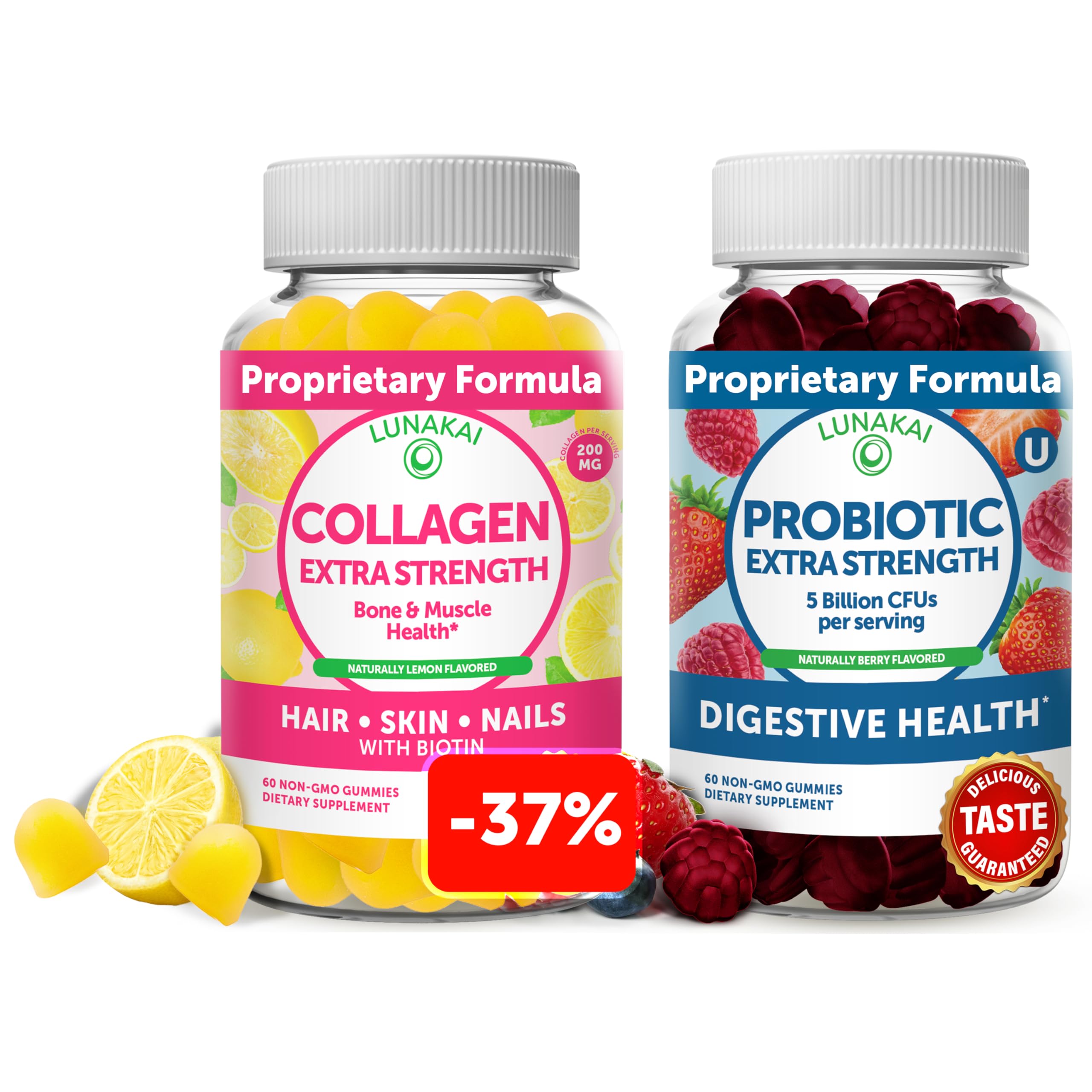 Lunakai Collagen and Probiotic Gummies Bundle - Non-GMO, Gluten Free - Anti Aging, Hair Growth, Skin