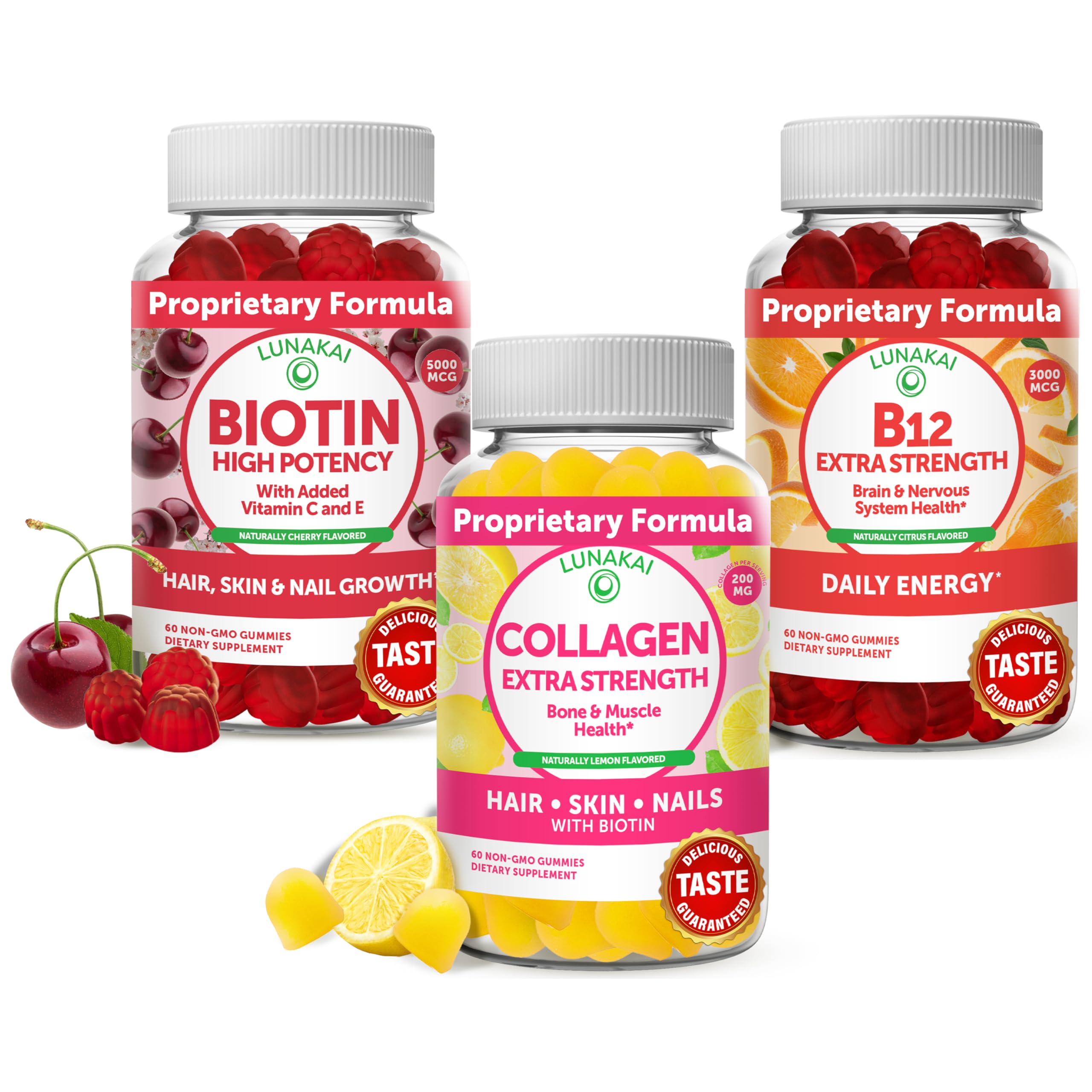 Lunakai Collagen, Biotin and Vitamin B12 Bundle - Anti Aging Supplements for Men & Women, with VIT C