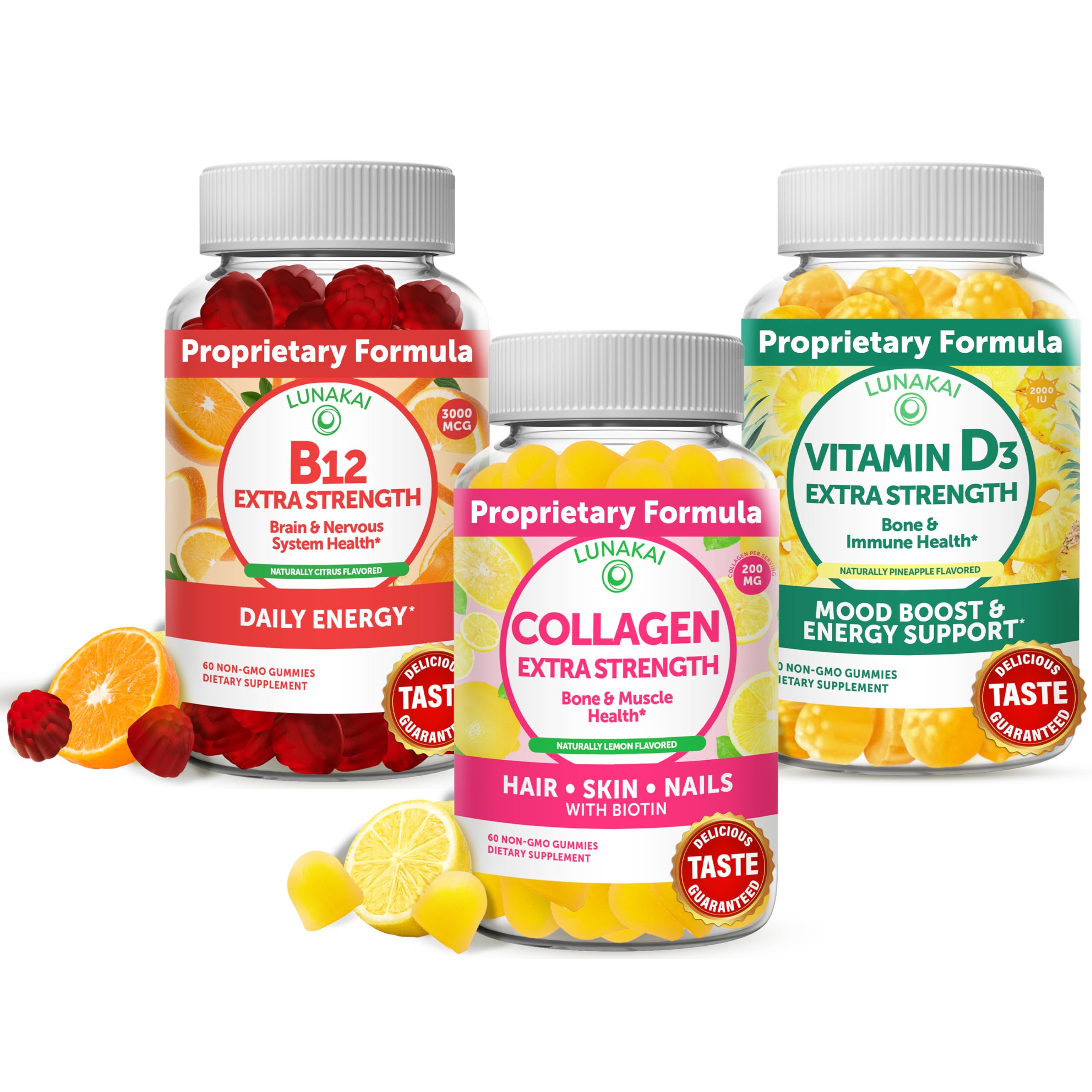 Lunakai Collagen, Vitamin D3 and Vitamin B12 Bundle - Non-GMO Anti Aging Supplements for Men & Women