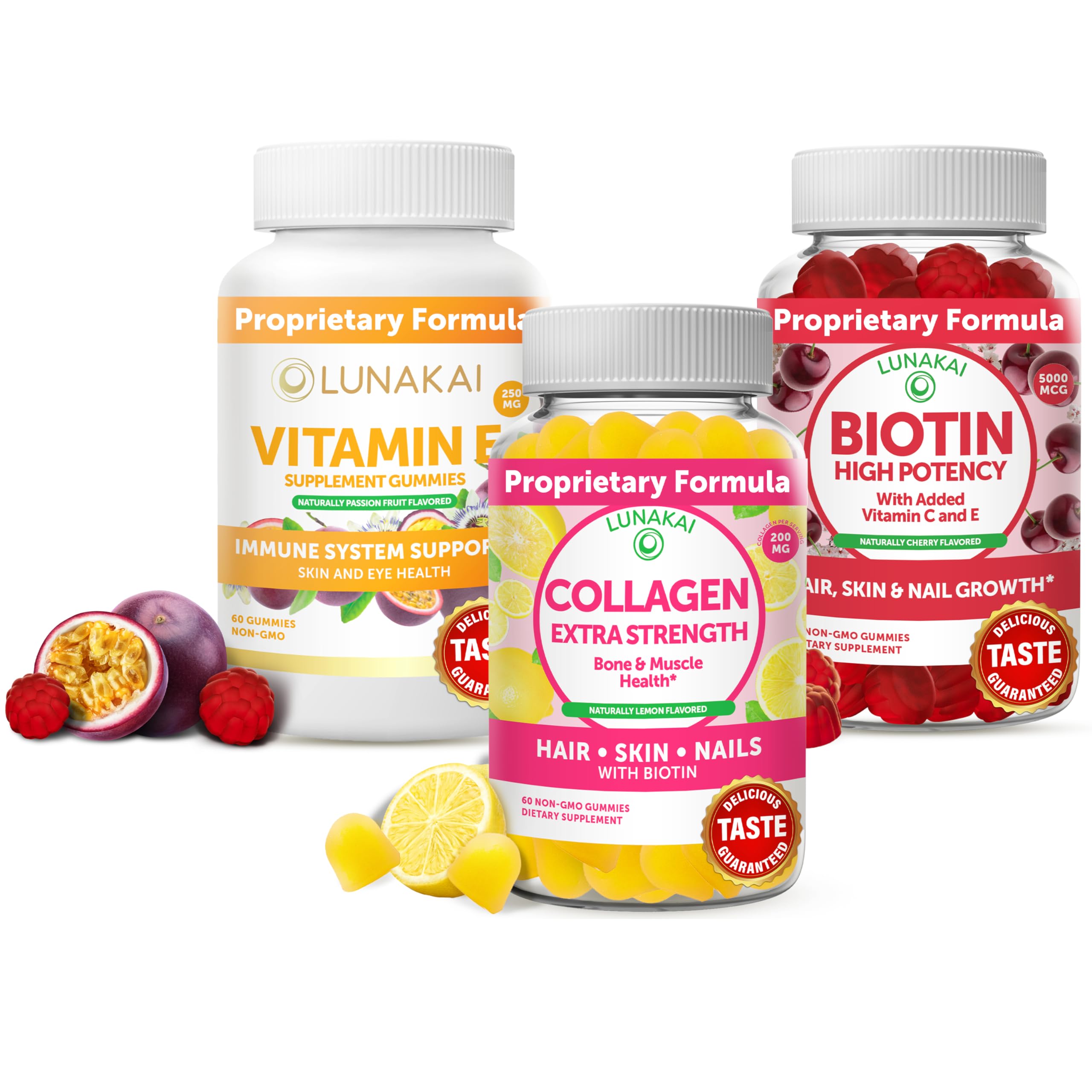 Lunakai Collagen, Vitamin E and Biotin Bundle - Non-GMO Anti Aging Supplements for Men & Women - Nat