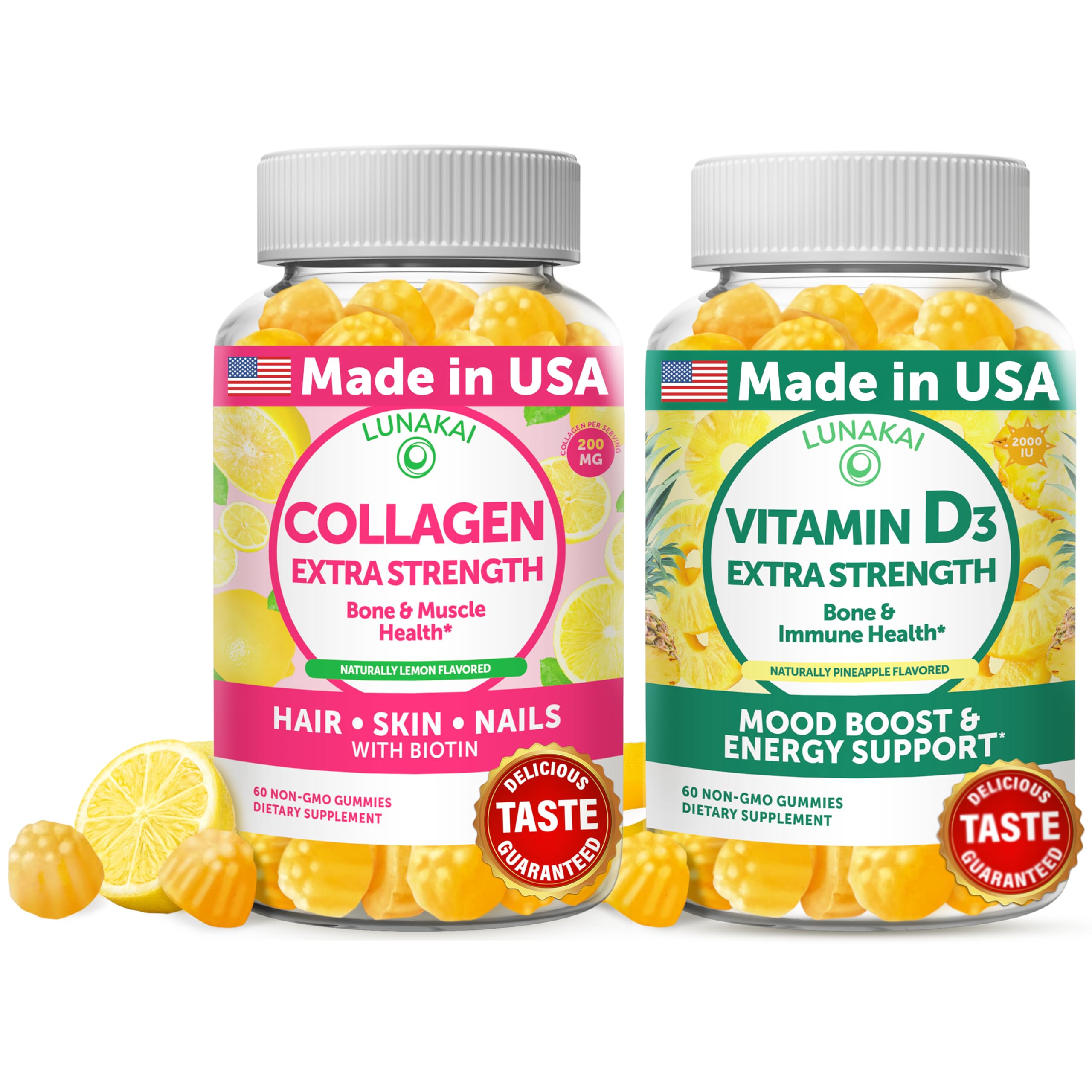 Lunakai Collagen and Vitamin D3 Gummies Bundle - Non-GMO Anti Aging Supplements for Men & Women - Im
