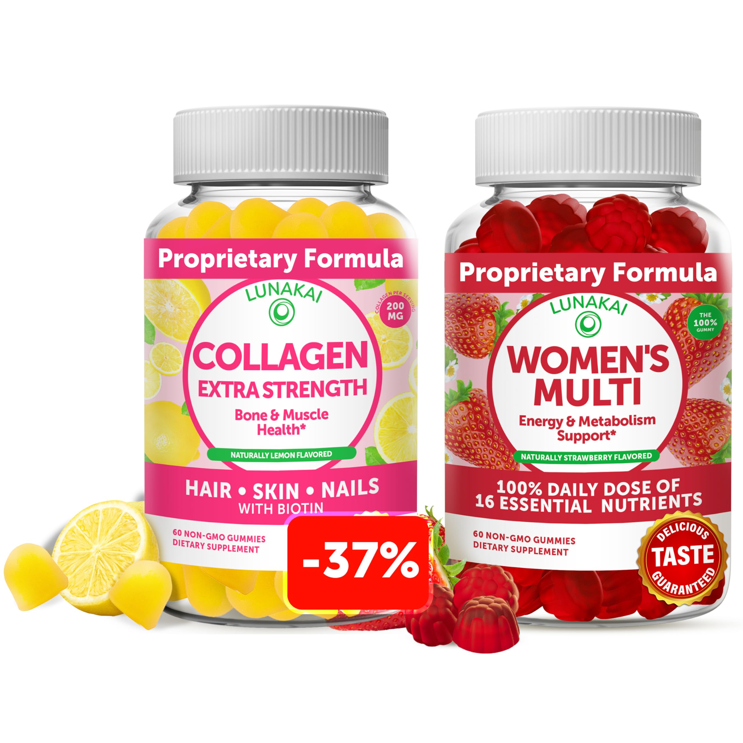 Lunakai Collagen and Women's Multivitamin Gummies Bundle - Non-GMO Anti Aging Supplements with Bioti