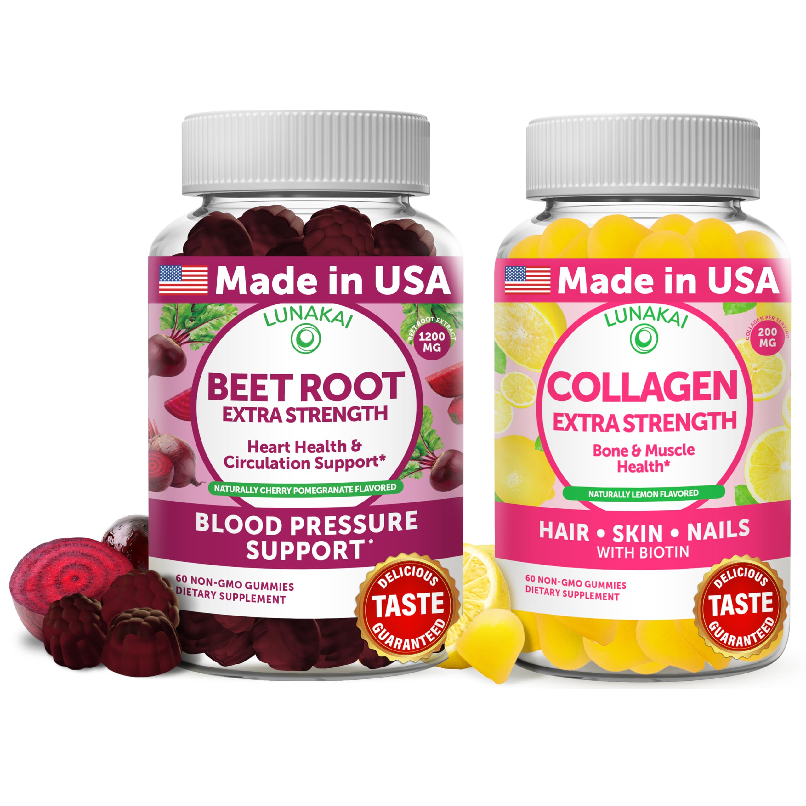 Lunakai Beet Root and Collagen Gummies Bundle 200mg Hydrolyzed Collagen Gummies for Women and Men wi