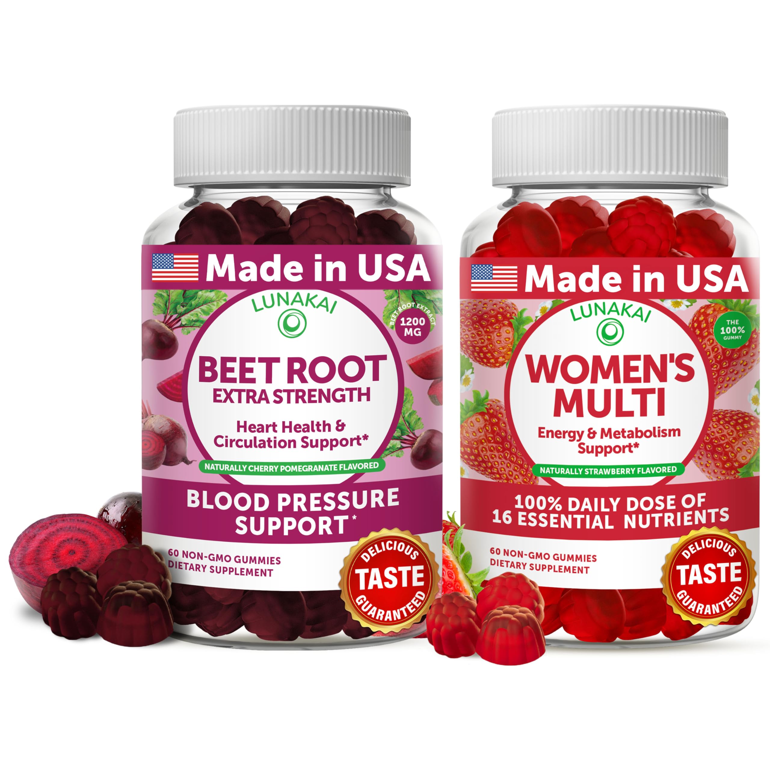 Lunakai Beet Root and Womens Multivitamin Gummies Bundle 100% Daily Value of 16 Essential Vitamins a