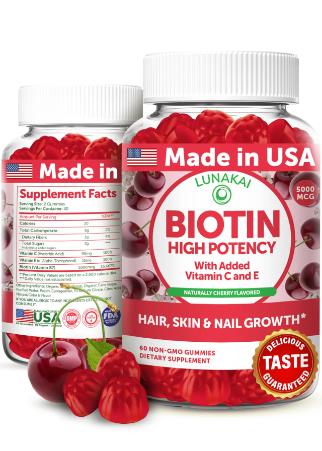 Lunakai USA Made Biotin Gummies 5000mcg with Vitamin C & E - Delicious Hair Skin Nails Vitamins for